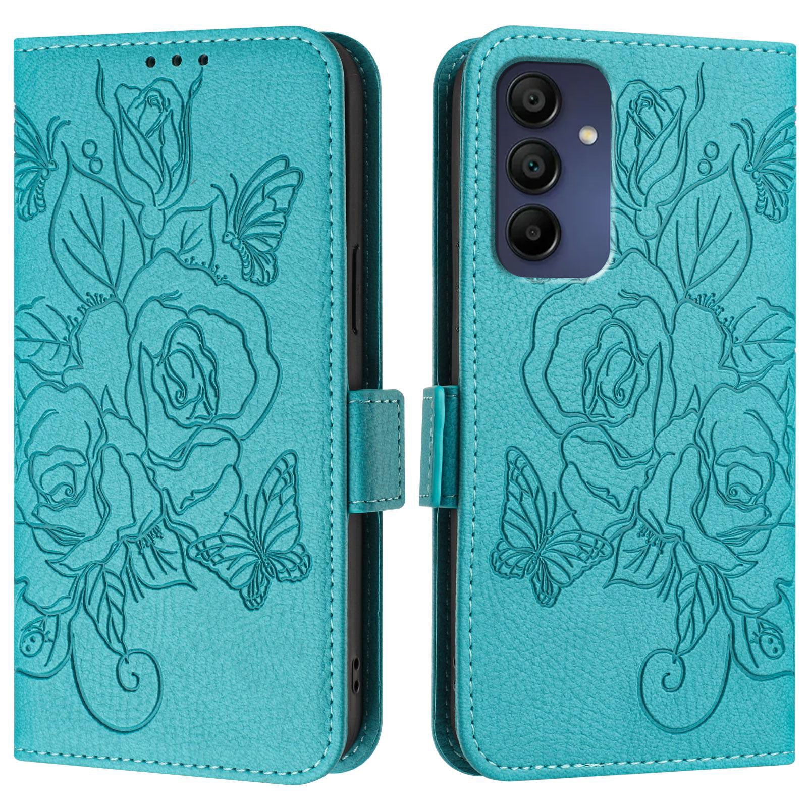 For Samsung Galaxy A16 5G / A16 4G Case Rose Imprinted RFID Blocking Leather Phone Cover with Strap - Baby Blue For Samsung Galaxy A16 5G / A16 4G Case Rose Imprinted RFID Blocking Leather Phone Cover with Strap - Baby Blue